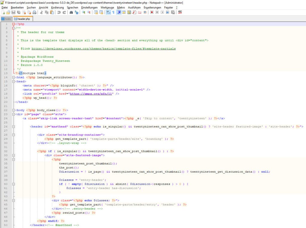 php code WordPress Header twentynineteen in Notepad++