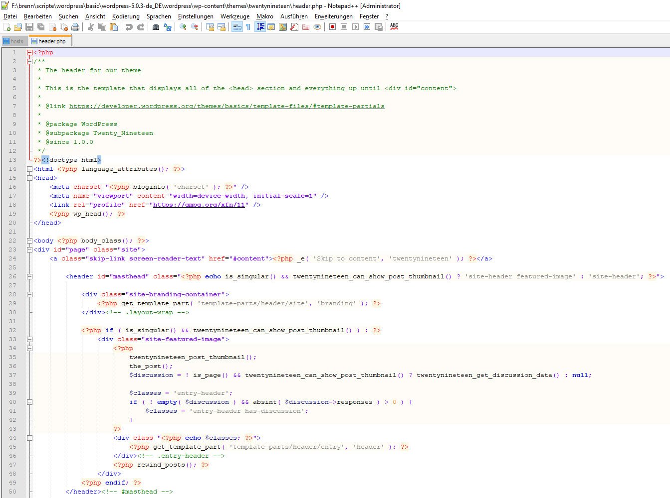 php code Wordpress Header twentynineteen in Notepad++